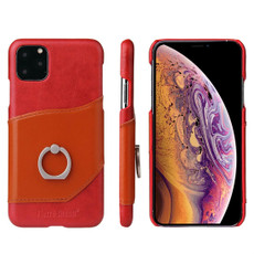 For iPhone 11 Pro Max Fierre Shann Oil Wax Texture Genuine Leather Back Cover Case with 360 Degree Rotation Holder & Card Slot (Red)