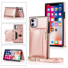 For iPhone 11 Square Zipper Wallet Bag TPU+PU Back Cover Case with Holder & Card Slots & Wallet & Cross-body Strap (Rose Glod)