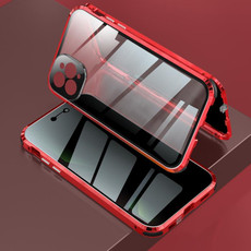 For iPhone 11 Pro Max Four-corner Shockproof Anti-peeping Magnetic Metal Frame Double-sided Tempered Glass Case (Red)