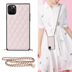 For iPhone 11 Pro Elegant Rhombic Pattern Microfiber Leather +TPU Shockproof Case with Crossbody Strap Chain (Pink)