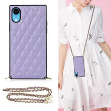 For iPhone XR Elegant Rhombic Pattern Microfiber Leather +TPU Shockproof Case with Crossbody Strap Chain(Purple)