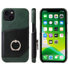 For iPhone 13 mini Fierre Shann Oil Wax Texture Genuine Leather Back Cover Case with 360 Degree Rotation Holder & Card Slot (Black)