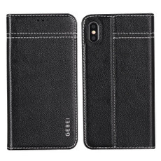 For iPhone XS Max GEBEI Top-grain Leather Horizontal Flip Protective Case with Holder & Card Slots(Black)