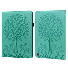 For Amazon Kindle Fire HD 10 / 10 Plus 2021 Tree & Deer Pattern Pressed Printing Horizontal Flip PU Leather Case with Holder & Card Slots(Green)