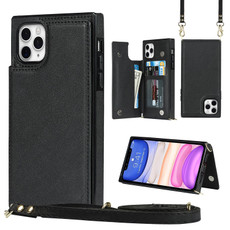 For iPhone 11 Pro Max Cross-body Square Double Buckle Flip Card Bag TPU+PU Case with Card Slots & Wallet & Photo & Strap (Black)