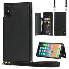 For iPhone XS Max Cross-body Square Double Buckle Flip Card Bag TPU+PU Case with Card Slots & Wallet & Photo & Strap(Black)