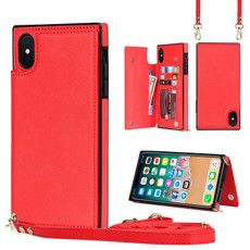 For iPhone XS Max Cross-body Square Double Buckle Flip Card Bag TPU+PU Case with Card Slots & Wallet & Photo & Strap(Red)