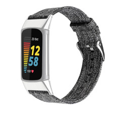 For Fitbit Charge 5 Nylon Canvas Watch Band(Black Grey)