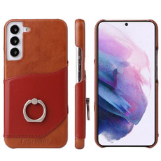 For Samsung Galaxy S22+ 5G Fierre Shann Oil Wax Texture Genuine Leather Back Phone Case with 360 Degree Rotation Holder & Card Slot(Brown)