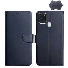 For Samsung Galaxy A21s Genuine Leather Fingerprint-proof Horizontal Flip Phone Case(Blue)