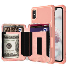 For iPhone XS Max Zipper Wallet Card Bag PU Back Case(Rose Gold)