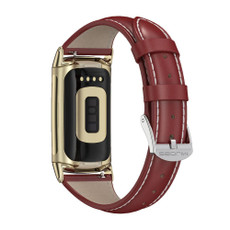 For Fitbit Charge5 Mijobs Genuine Leather Slim Watch Band(Red+Gold)