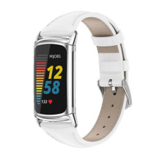 For Fitbit Charge5 Mijobs Genuine Leather Slim Watch Band(White+Silver)