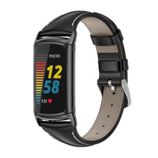 For Fitbit Charge5 Mijobs Genuine Leather Slim Watch Band(Black)