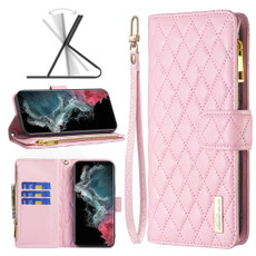 For Samsung Galaxy S22 Ultra 5G Diamond Lattice Zipper Wallet Leather Flip Phone Case(Pink)