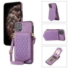 For iPhone 11 Pro Rhombic Texture RFID Phone Case with Lanyard & Mirror(Purple)