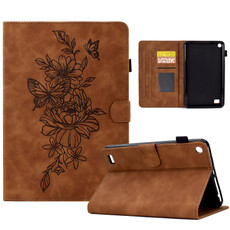 For Amazon Kindle Fire 7 2019/2017/2015 Peony Butterfly Embossed Leather Smart Tablet Case(Brown)