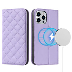 For iPhone 12 / 12 Pro Rhombic MagSafe RFID Anti-Theft Wallet Leather Phone Case(Purple)