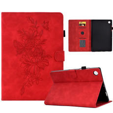 For Lenovo Tab M10 Plus Peony Butterfly Embossed Leather Smart Tablet Case(Red)