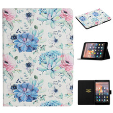 For Amazon Kindle Fire HD 10 Flower Pattern Horizontal Flip Leather Case with Card Slots & Holder(Blue Flower On White)
