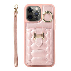 For iPhone 12 Pro Vertical Card Bag Ring Holder Phone Case with Dual Lanyard(Rose Gold)