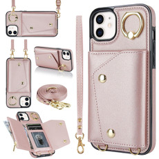 For iPhone 12 / 12 Pro Zipper Card Bag Phone Case with Dual Lanyard(Rose Gold)