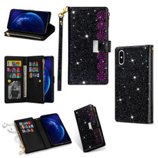 For iPhone XS Max Multi-card Slots Starry Sky Laser Carving Glitter Zipper Horizontal Flip Leather Case with Holder & Wallet & Lanyard(Black)