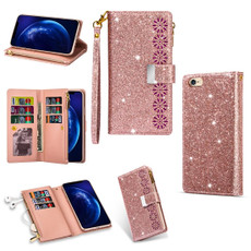 For iPhone 6 Plus / 6s Plus Multi-card Slots Starry Sky Laser Carving Glitter Zipper Horizontal Flip Leather Case with Holder & Wallet & Lanyard(Rose Gold)