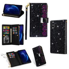 For iPhone XR Multi-card Slots Starry Sky Laser Carving Glitter Zipper Horizontal Flip Leather Case with Holder & Wallet & Lanyard(Black)