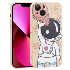 For iPhone 13 Spaceman Binoculars Phone Case(Beige and Pink)