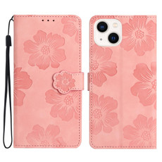 For iPhone 13 Flower Embossing Pattern Leather Phone Case(Pink)