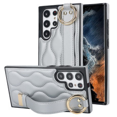 For Samsung Galaxy S22 Ultra Non-slip Full Coverage Ring PU Phone Case with Wristband(Silver) For Samsung Galaxy S22 Ultra Non-slip Full Coverage Ring PU Phone Case with Wristband(Silver)