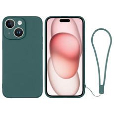 For iPhone 15 Plus Silicone Phone Case with Wrist Strap(Deep Green)