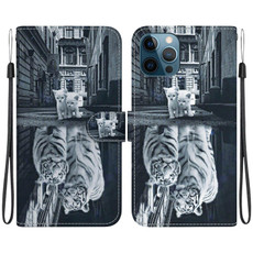 For iPhone 12 Pro Max Crystal Texture Colored Drawing Leather Phone Case(Cat Tiger Reflection)