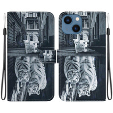 For iPhone 13 mini Crystal Texture Colored Drawing Leather Phone Case(Cat Tiger Reflection)