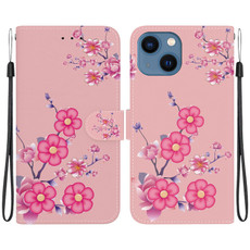 For iPhone 15 Crystal Texture Colored Drawing Leather Phone Case(Cherry Blossoms)