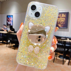 For iPhone 14 Plus Starry Sequin Diamond Cat Ears Mirror Epoxy TPU Phone Case(Yellow) For iPhone 14 Plus Starry Sequin Diamond Cat Ears Mirror Epoxy TPU Phone Case(Yellow)