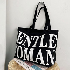 Women Printed Letter Canvas Bag Single Shoulder Tote Bag(Black)