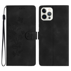 For iPhone 14 Pro Max Flower Embossing Pattern Leather Phone Case(Black)