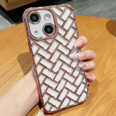 For iPhone 14 Woven Grid 3D Electroplating Laser Engraving Phone Case(Rose Gold)