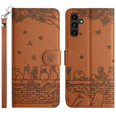 For Samsung Galaxy A05s Cat Embossing Pattern Leather Phone Case with Lanyard(Brown)
