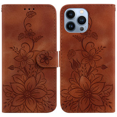 For iPhone 13 Pro Max Lily Embossed Leather Phone Case(Brown)