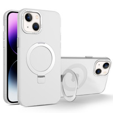 For iPhone 15 Plus MagSafe Metal Holder Frosted Translucent Phone Case(White)