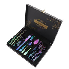 24pcs/Set Wooden Boxed Stainless Steel Cutlery Knife Fork Spoon Steak Dinnerware Set, Color: Colorful