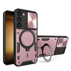 For Samsung Galaxy S23 5G CD Texture Sliding Camshield Magnetic Holder Phone Case(Pink)