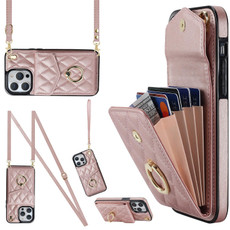 For iPhone 12 / 12 Pro Rhombic Texture Card Bag Phone Case with Long Lanyard(Rose Gold)