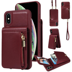 For iPhone XS Max Crossbody Lanyard Zipper Wallet Leather Phone Case(Wine Red)