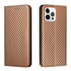 For iPhone 15 Pro Carbon Fiber Texture Flip Holder Leather Phone Case(Brown)