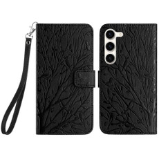 For Samsung Galaxy S23 Tree Birds Embossed Pattern Leather Phone Case(Black)