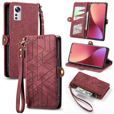 For Xiaomi 12 Geometric Zipper Wallet Side Buckle Leather Phone Case(Red)
